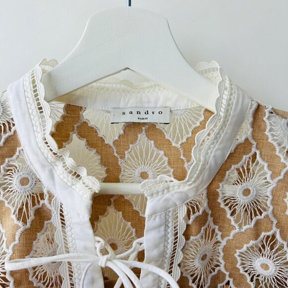 Sandro short broderie anglaise dress, Tan/ white, Size 36 - Picture 5 of 14